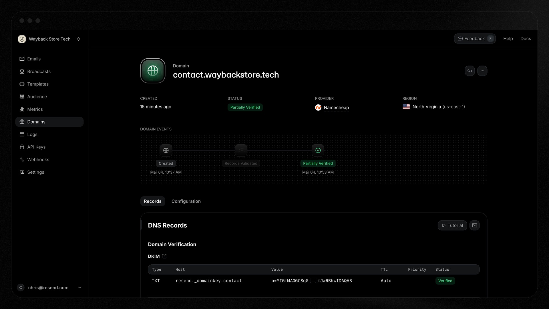 Partially verified domain status